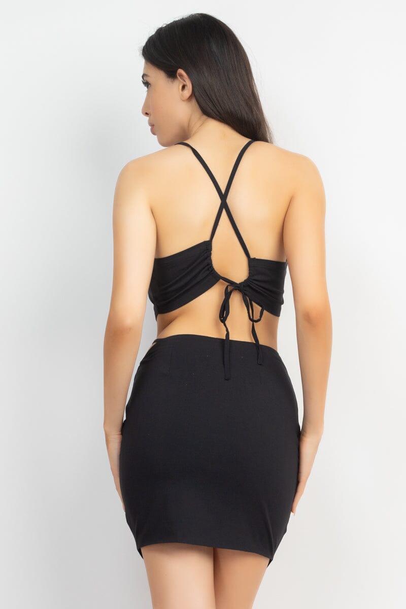 Black Asymmetrical Cross Back Top & Skirts Set_ Matching Sets jehouze