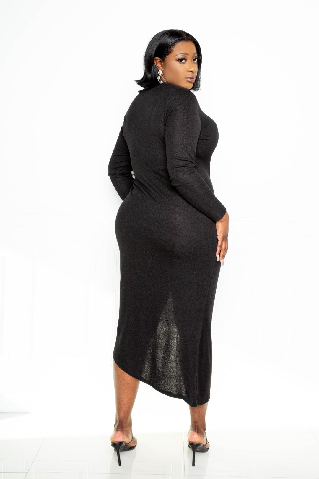 Black Asymmetrical Sweater Dress With Waterfall Ruffle_ Dresses jehouze