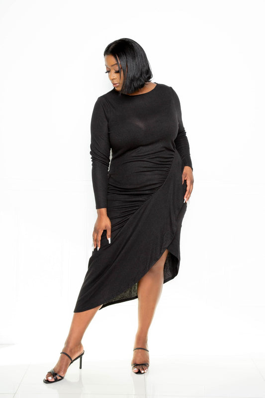 Black Asymmetrical Sweater Dress With Waterfall Ruffle_ Dresses jehouze