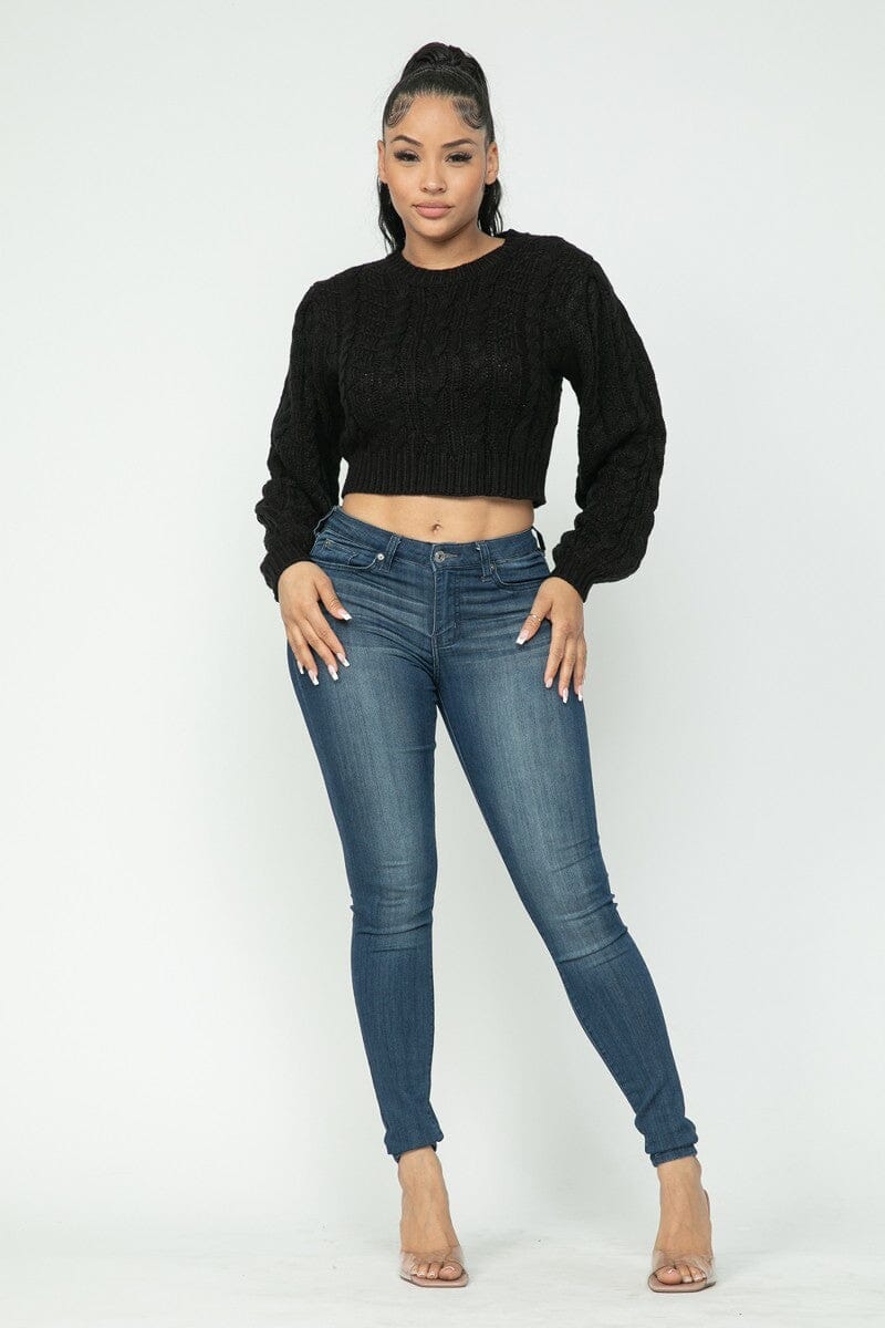 Black Cropped Long Sleeve Cable Pullover Sweater Top_