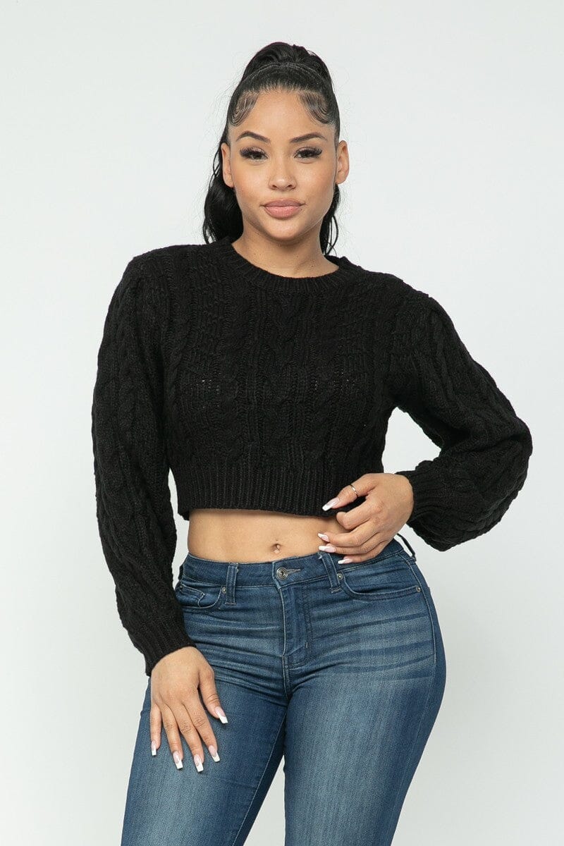 Black Cropped Long Sleeve Cable Pullover Sweater Top_ jehouze