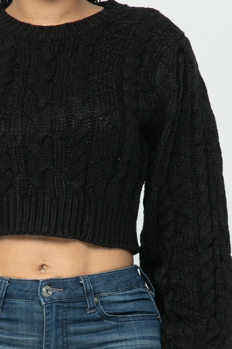 Black Cropped Long Sleeve Cable Pullover Sweater Top_ jehouze