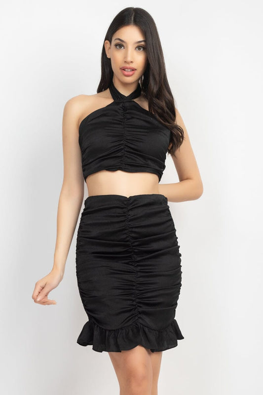 Black Halter Neck Crop Top & Skirts Set_ Matching Sets jehouze