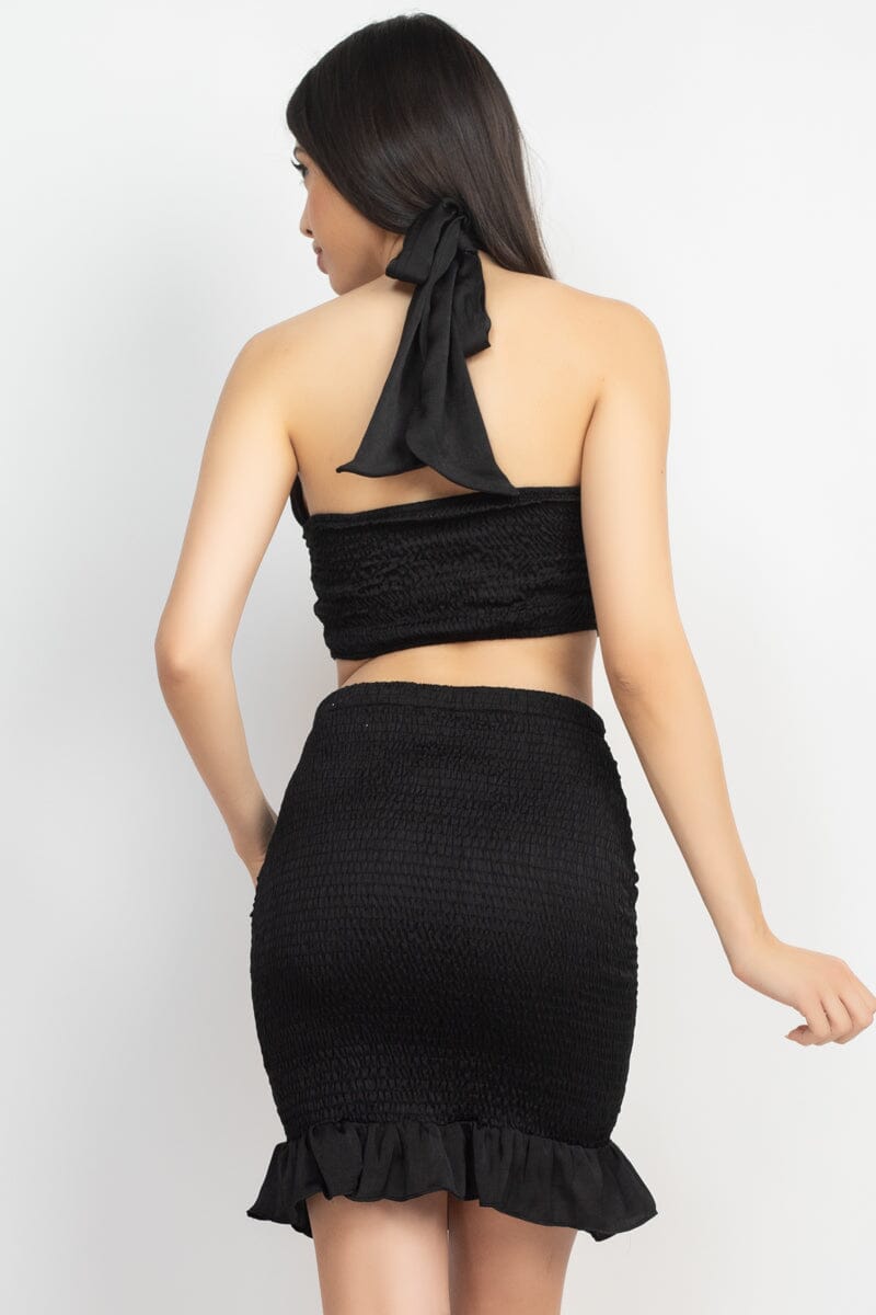 Black Halter Neck Crop Top & Skirts Set_ Matching Sets jehouze
