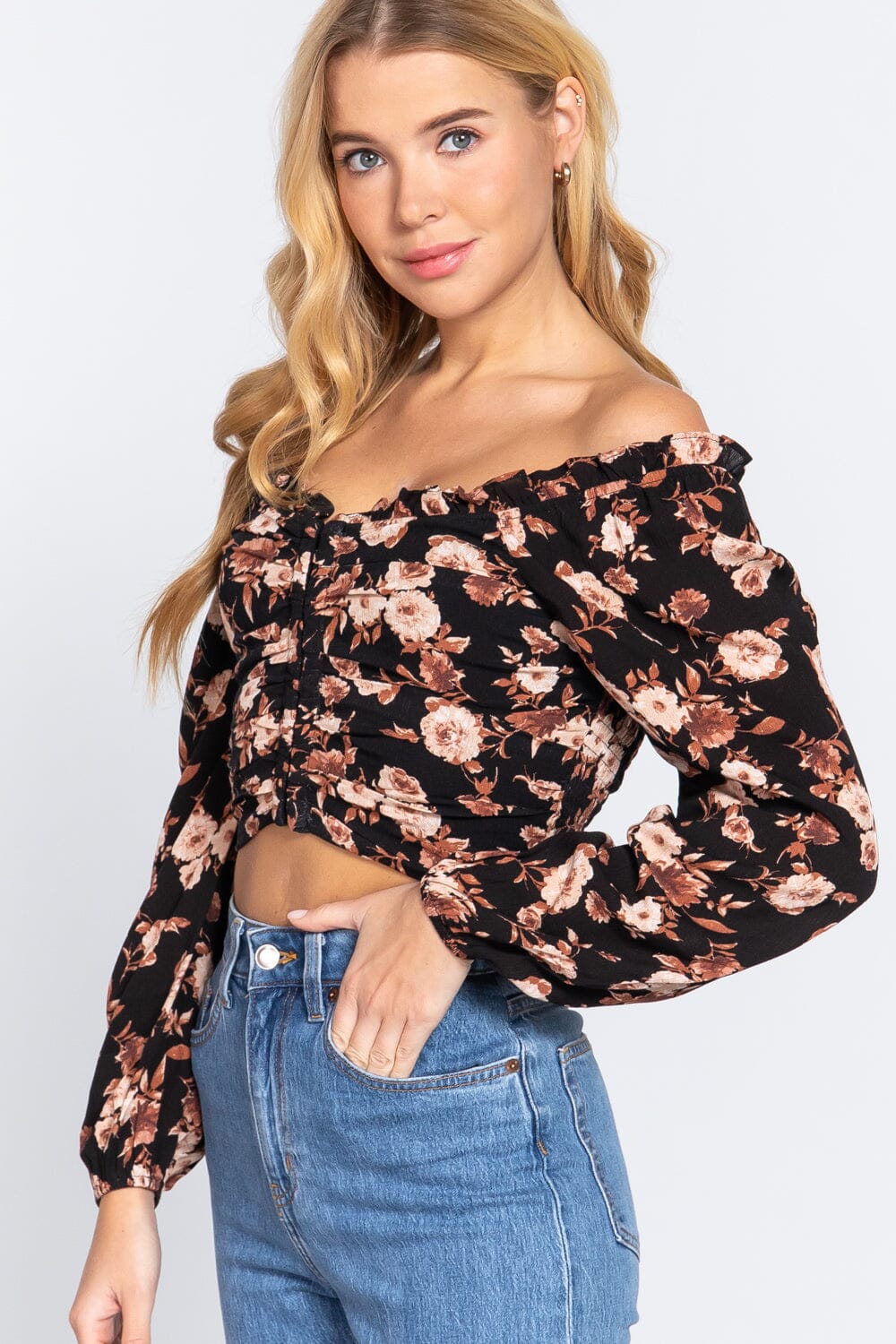 Black Hook & Eye Detail Floral Off Shoulder Long Sleeve short cami crop tank Top_ Shirts & Tops jehouze