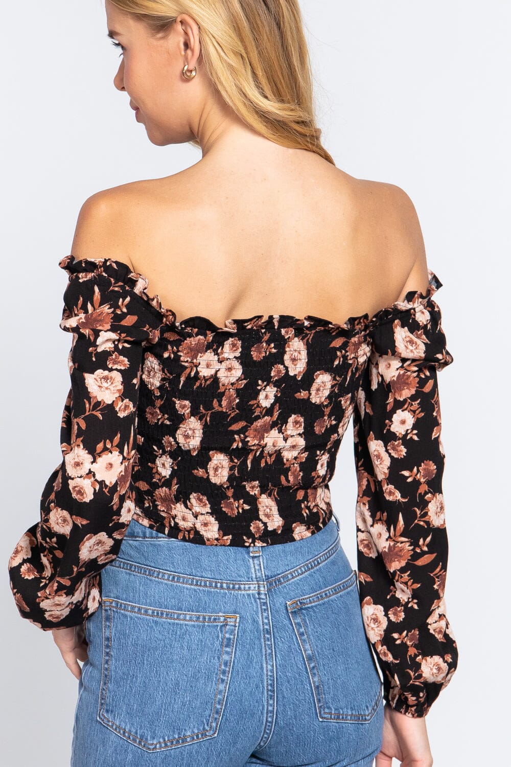 Black Hook & Eye Detail Floral Off Shoulder Long Sleeve short cami crop tank Top_ Shirts & Tops jehouze