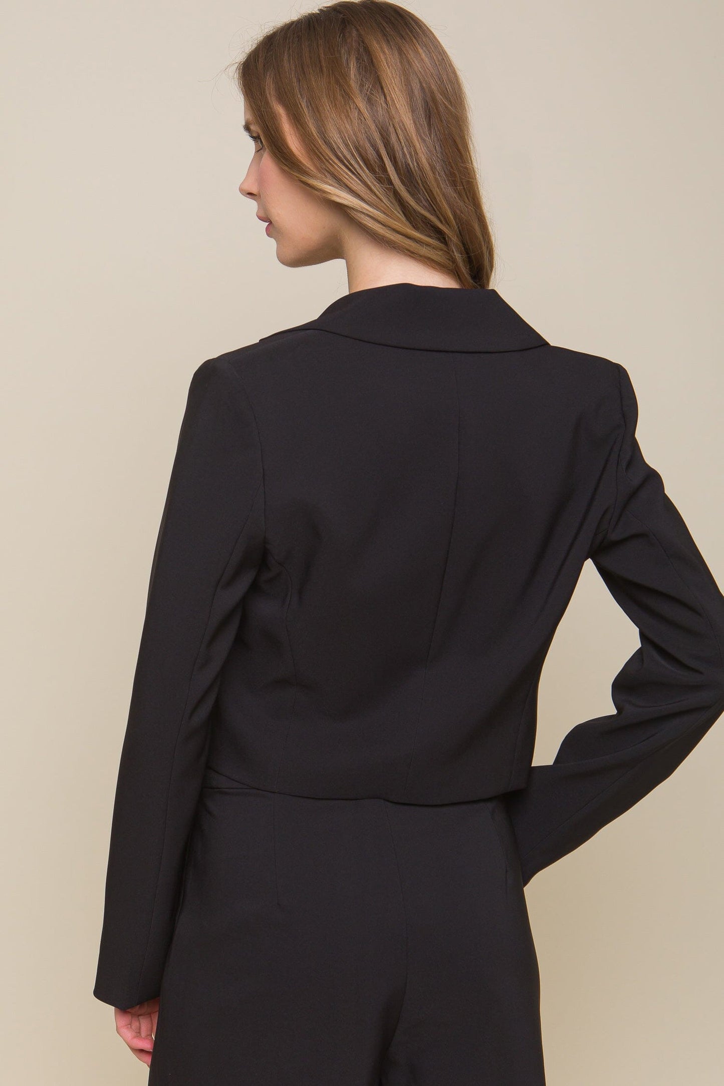 Black Lapel Neck Long Sleeve Open Front Casual Business Work Cropped Blazer Jacket jehouze 