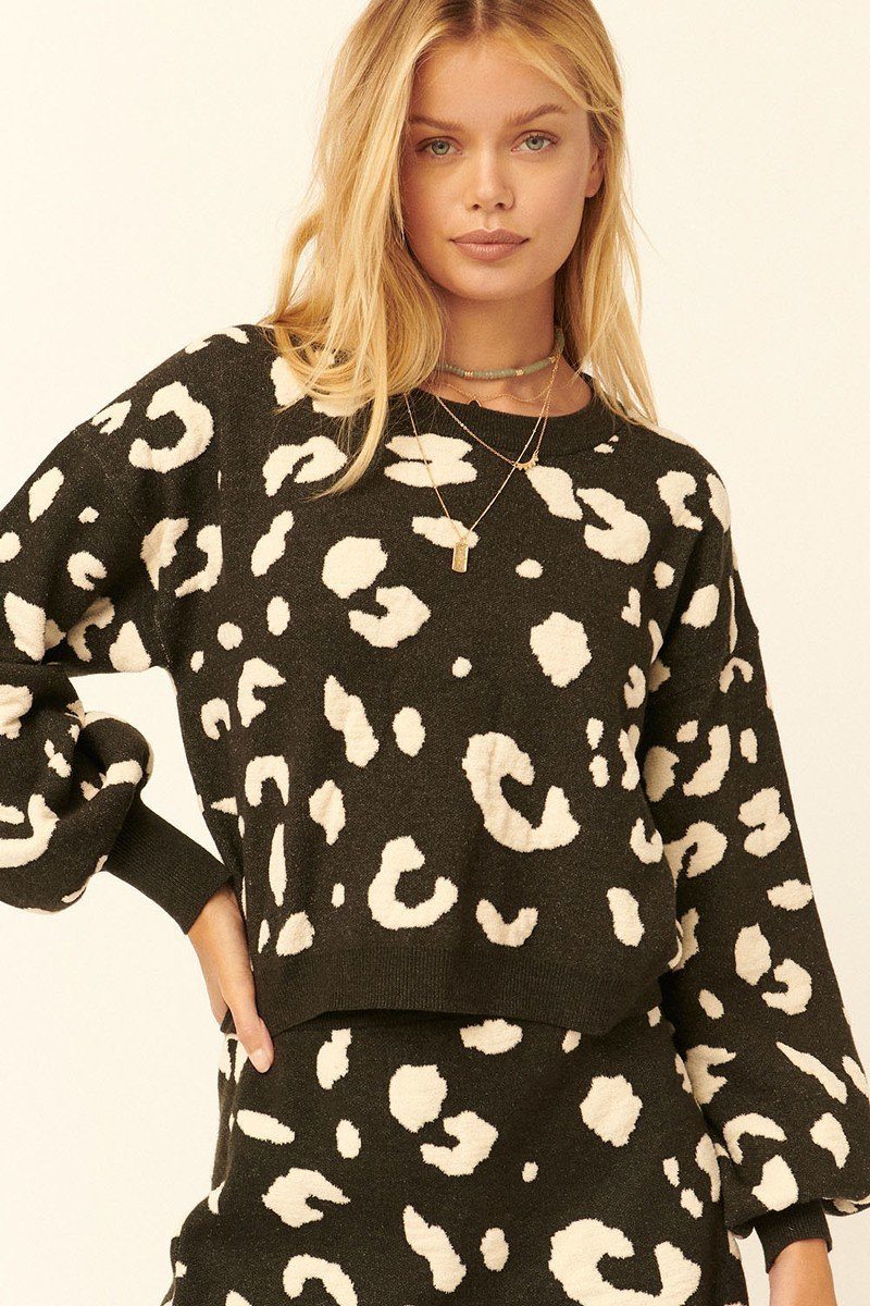 Black Leopard Round Neck Long Bell Sleeves Casual Pullover Sweater_ Women's Clothing jehouze