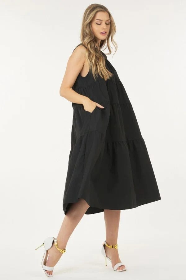 Black Loose Sleeveless Wide Hem Poplin Maxi Dress_ Dresses jehouze