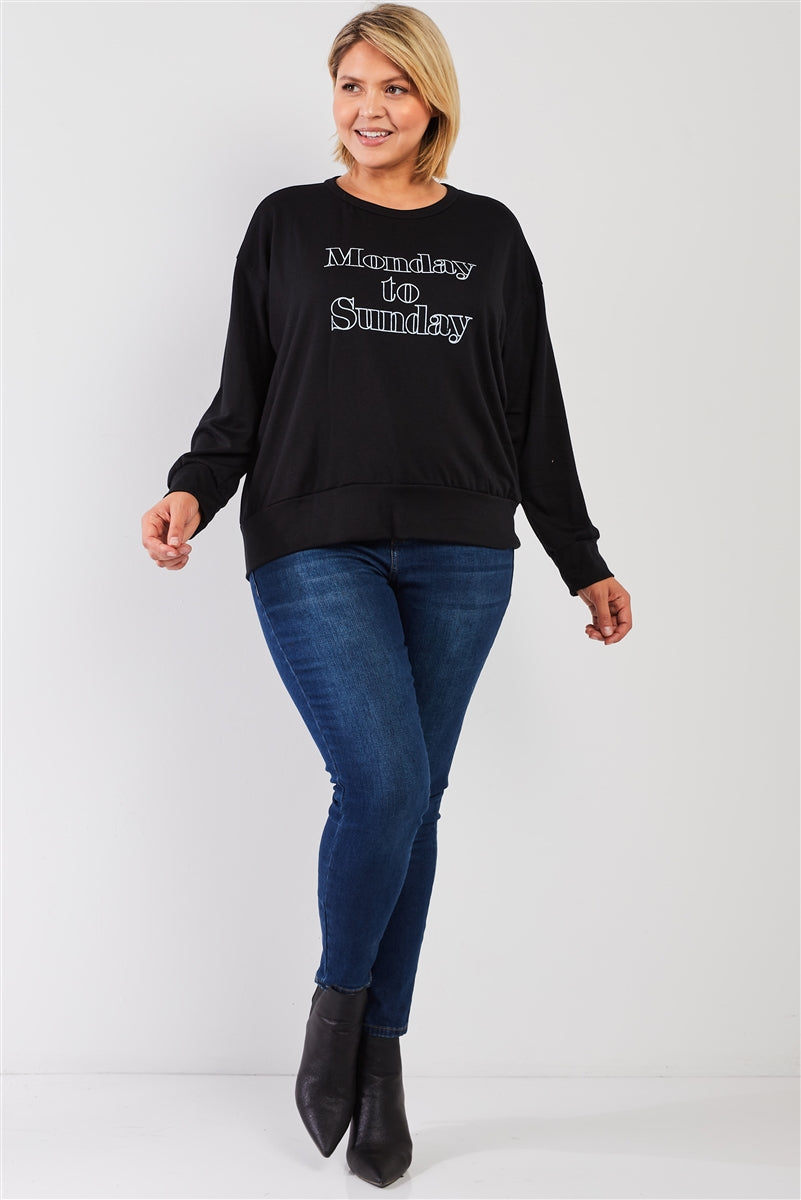 Black "monday Sunday" Print Long Sleeve Relaxed Sweatshirt Top_ Shirts & Tops jehouze