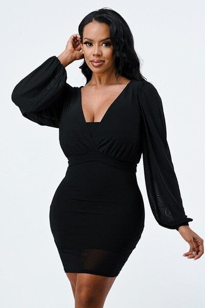 Black Sexy Long Sleeve V Neck Bodycon Mini Party Cocktail Dress_ Dresses jehouze