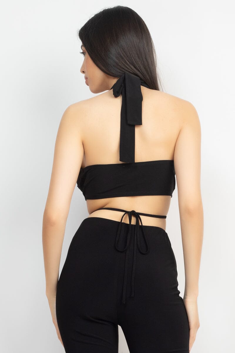 Black Solid Halter Top And Elastic Leggings Set_ Matching Sets jehouze