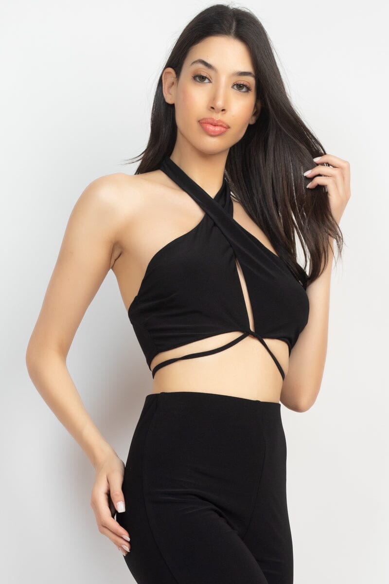 Black Solid Halter Top And Elastic Leggings Set_ Matching Sets jehouze