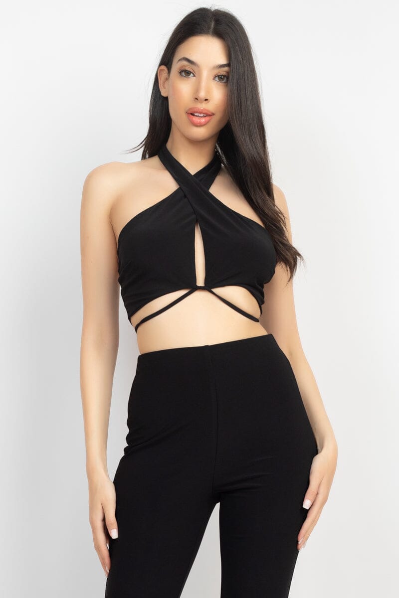 Black Solid Halter Top And Elastic Leggings Set_ Matching Sets jehouze