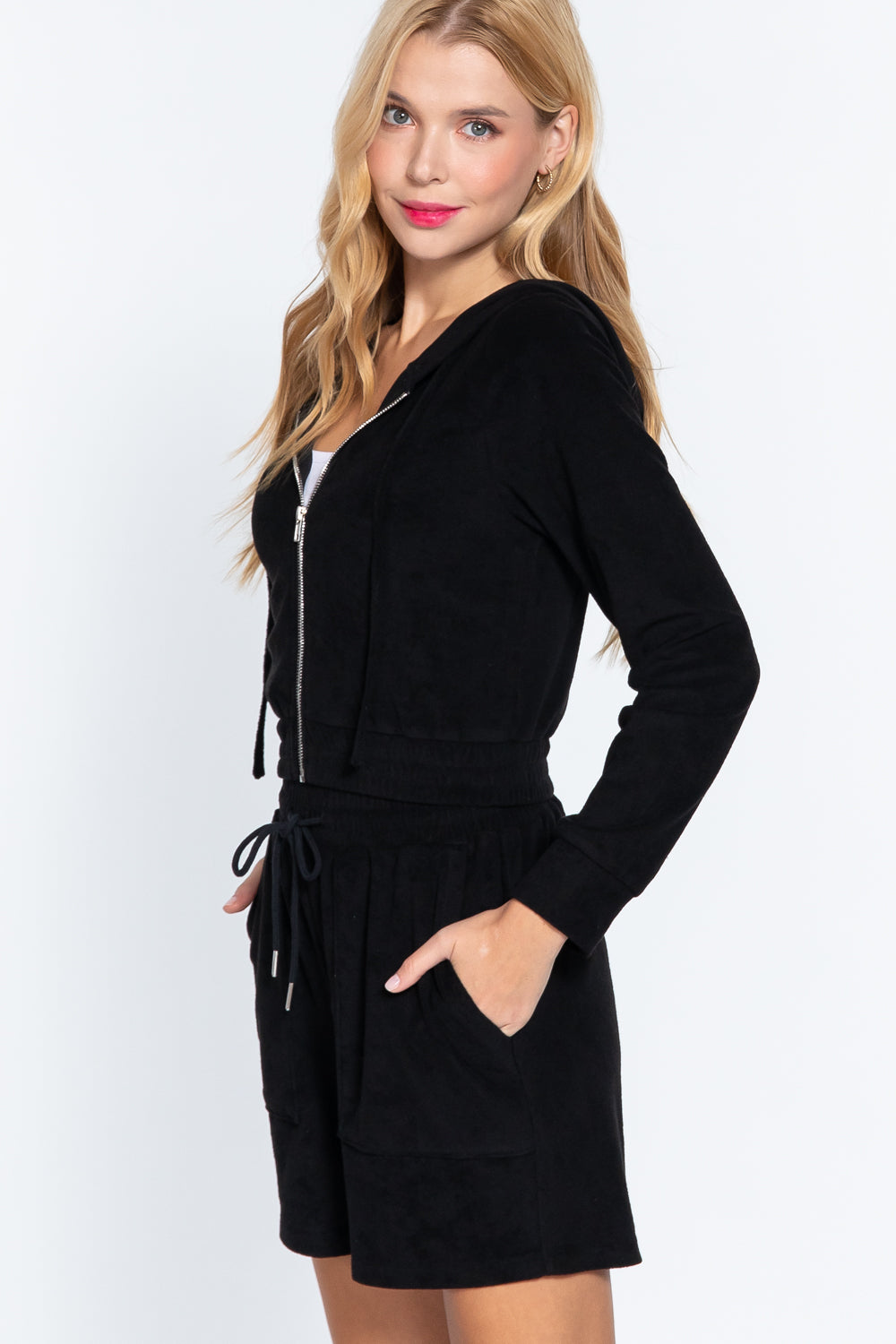 Black Zip Up Crop Hoodie Terry Towelling Jacket_ Coats & Jackets jehouze