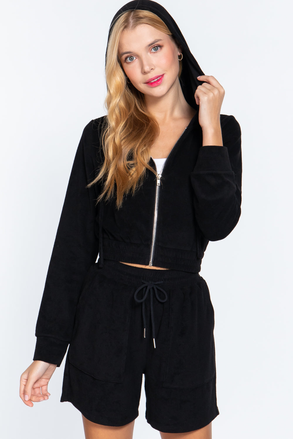 Black Zip Up Crop Hoodie Terry Towelling Jacket_ Coats & Jackets jehouze