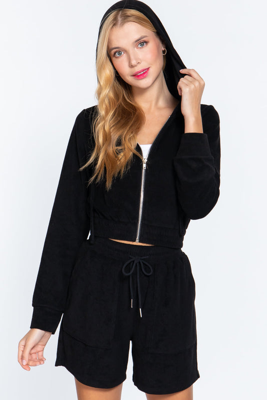 Black Zip Up Crop Hoodie Terry Towelling Jacket_ Coats & Jackets jehouze