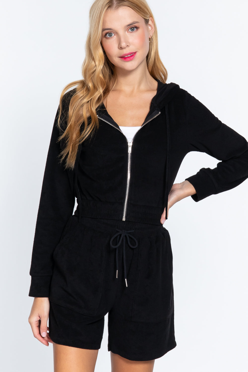 Black Zip Up Crop Hoodie Terry Towelling Jacket_ Coats & Jackets jehouze