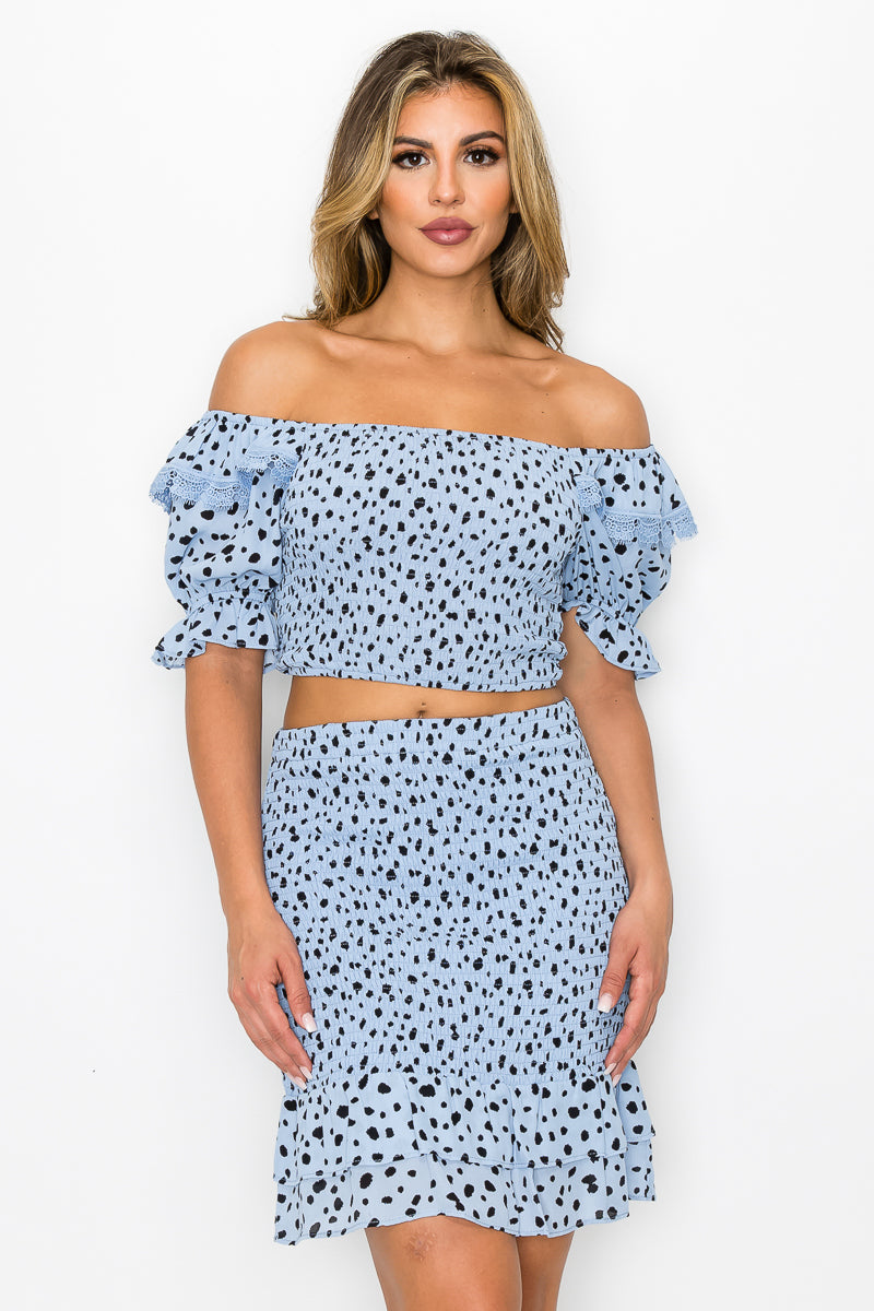Blue 2 pc outfits Smocking Ruffled Dotted print crop Top & mini Skirts Set_ jehouze