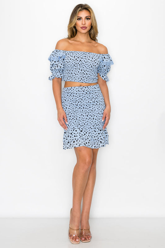 Blue 2 pc outfits Smocking Ruffled Dotted print crop Top & mini Skirts Set_ jehouze