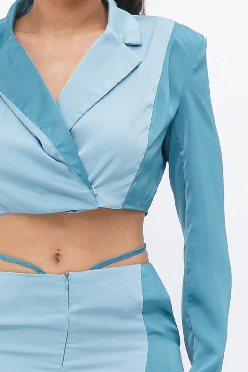 Blue Colorblock Crop Blazer and low rise wide leg pant set_ Outfit Sets jehouze