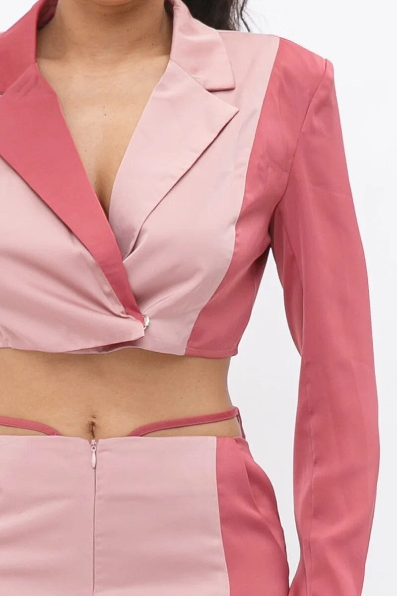 Blush Pink Colorblock Crop Blazer and low rise wide leg pant set_ Outfit Sets jehouze