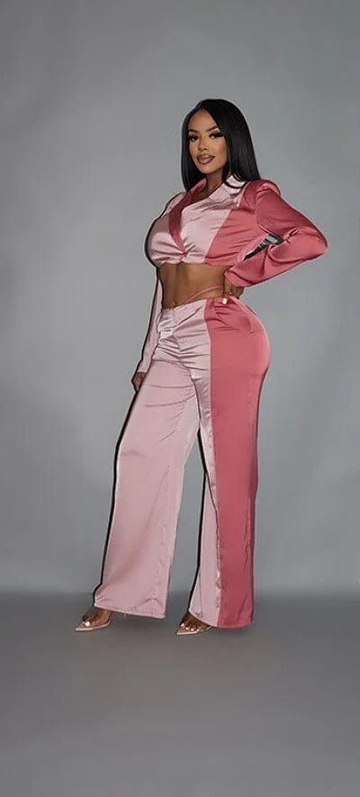 Blush Pink Colorblock Crop Blazer and low rise wide leg pant set_ Outfit Sets jehouze