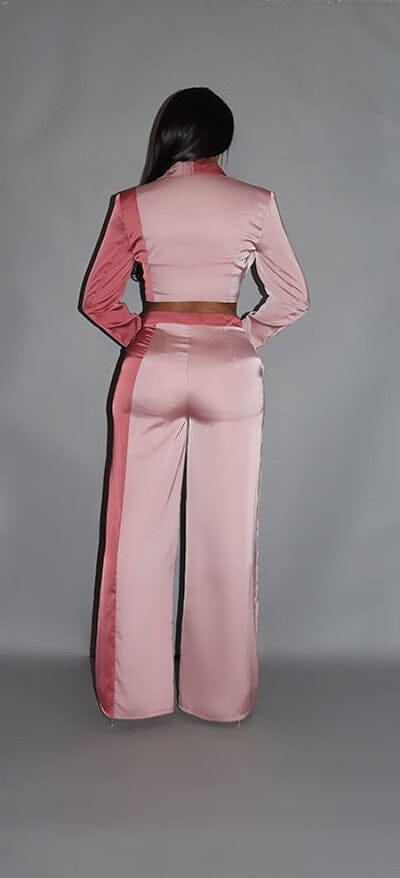 Blush Pink Colorblock Crop Blazer and low rise wide leg pant set_ Outfit Sets jehouze