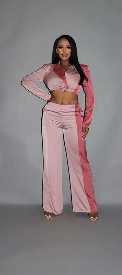 Blush Pink Colorblock Crop Blazer and low rise wide leg pant set_ Outfit Sets jehouze