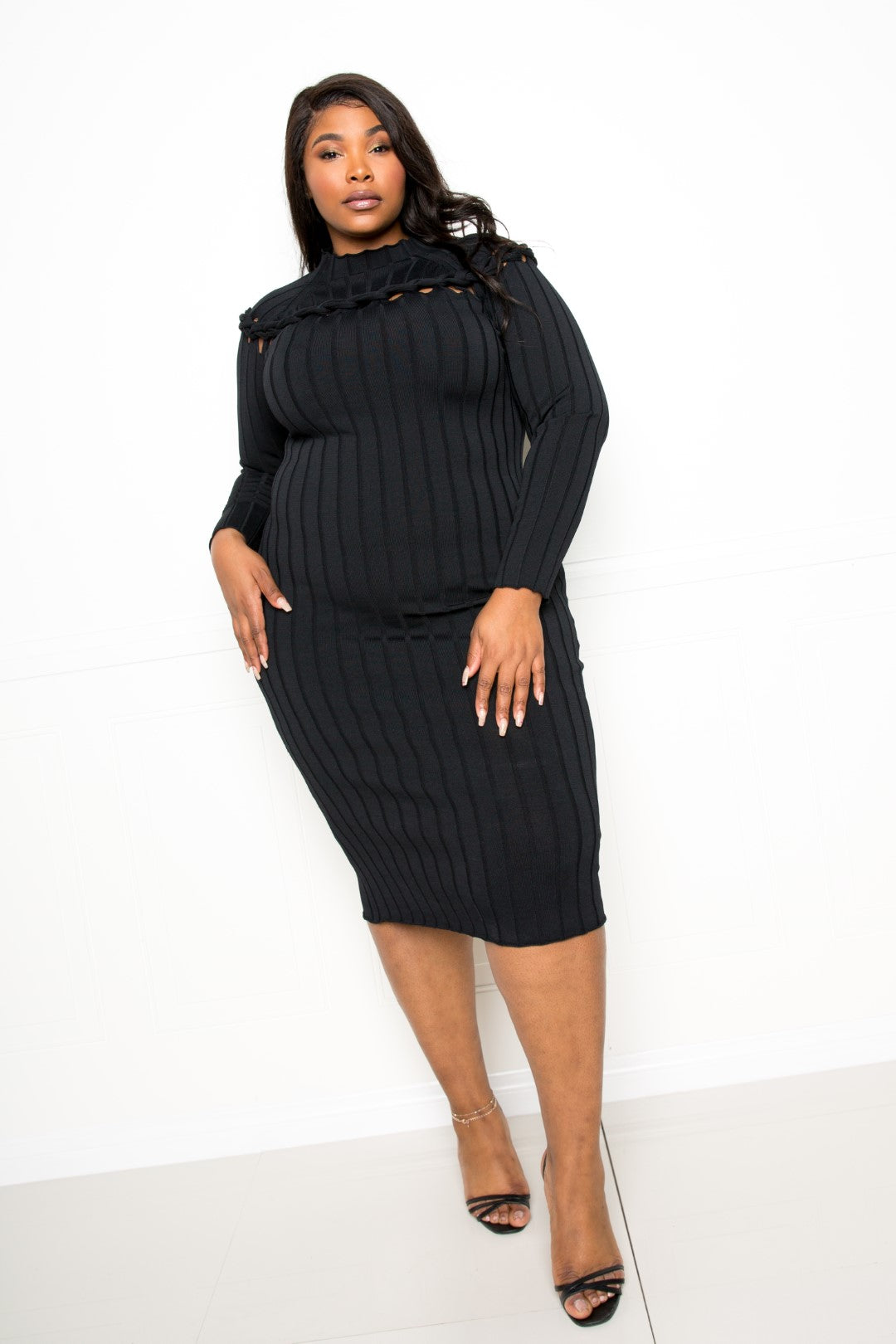 Plus Size Black Mock Neck Long Sleeve Pullover Sweater Bodycon Knot Detail Midi Dress_ 3XL Plus Size Black Mock Neck Long Sleeve Pullover Sweater Bodycon Knot Detail Midi Dress_ 3XL