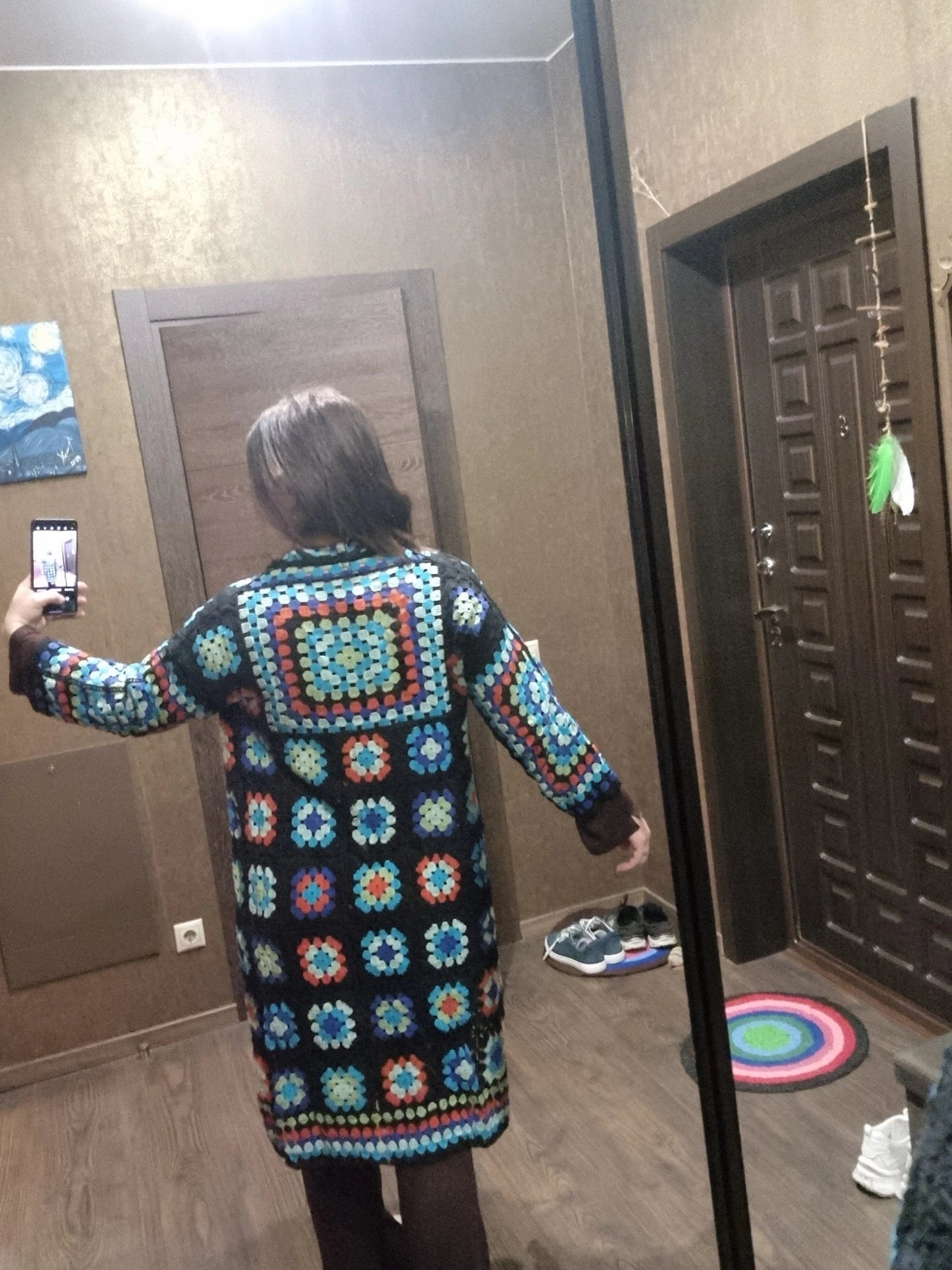Bohemia Colored Plaid Flower Granny Square Hand Crochet Open Front Long Cardigan_ jehouze