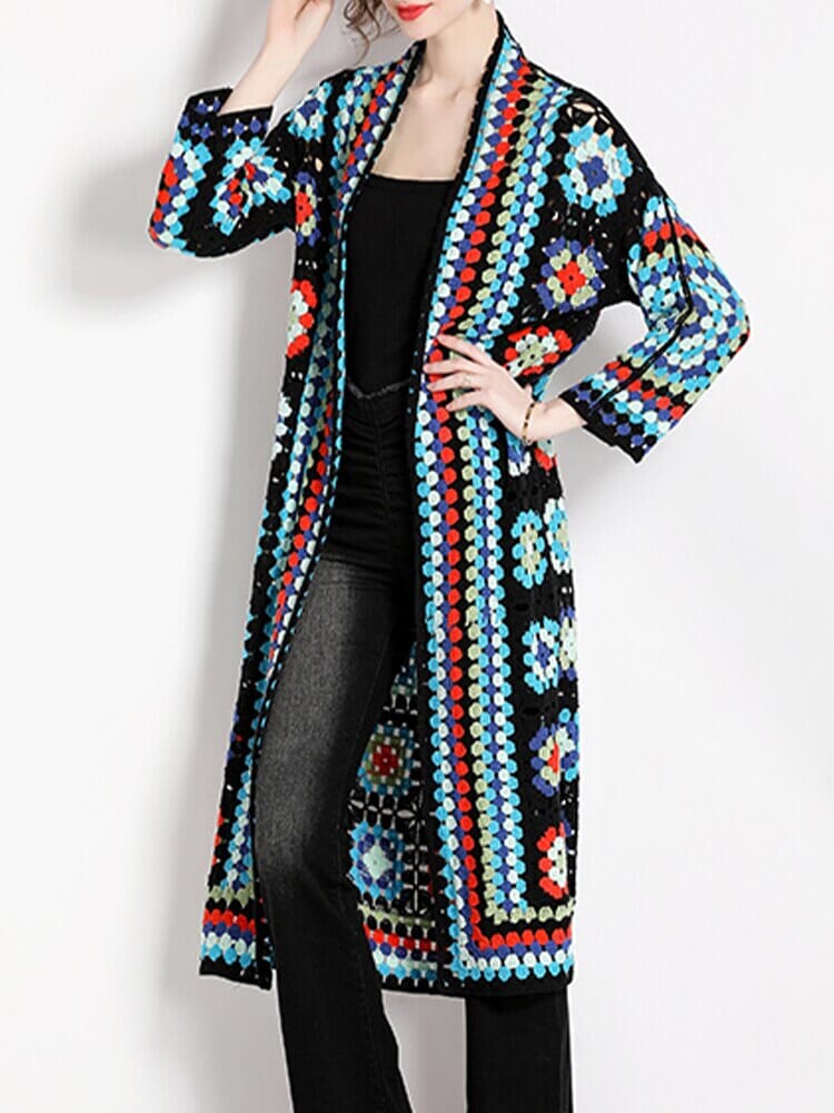 Bohemia Colored Plaid Flower Granny Square Hand Crochet Open Front Long Cardigan_ jehouze