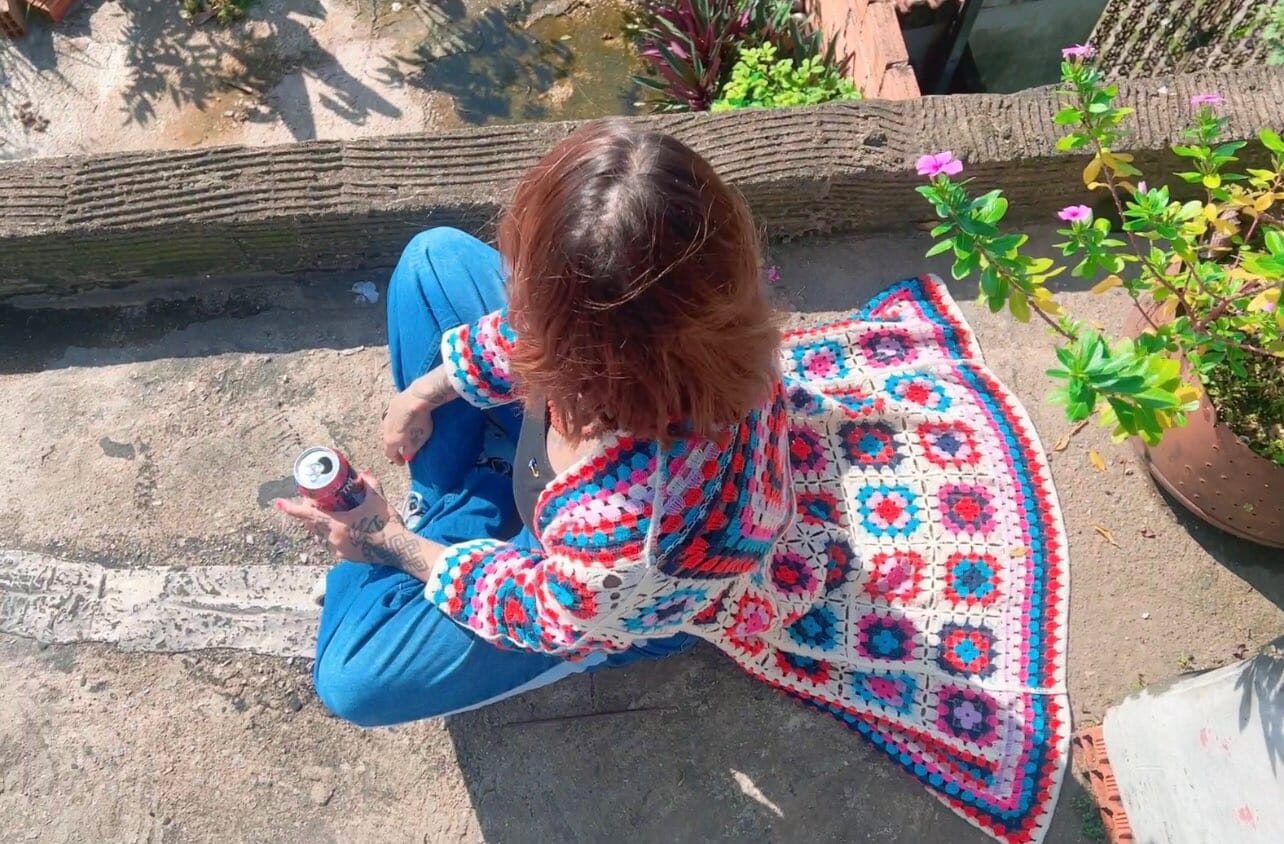Bohemia Colored Plaid Flower Granny Square Hand Crochet Open Front Long Cardigan_ jehouze