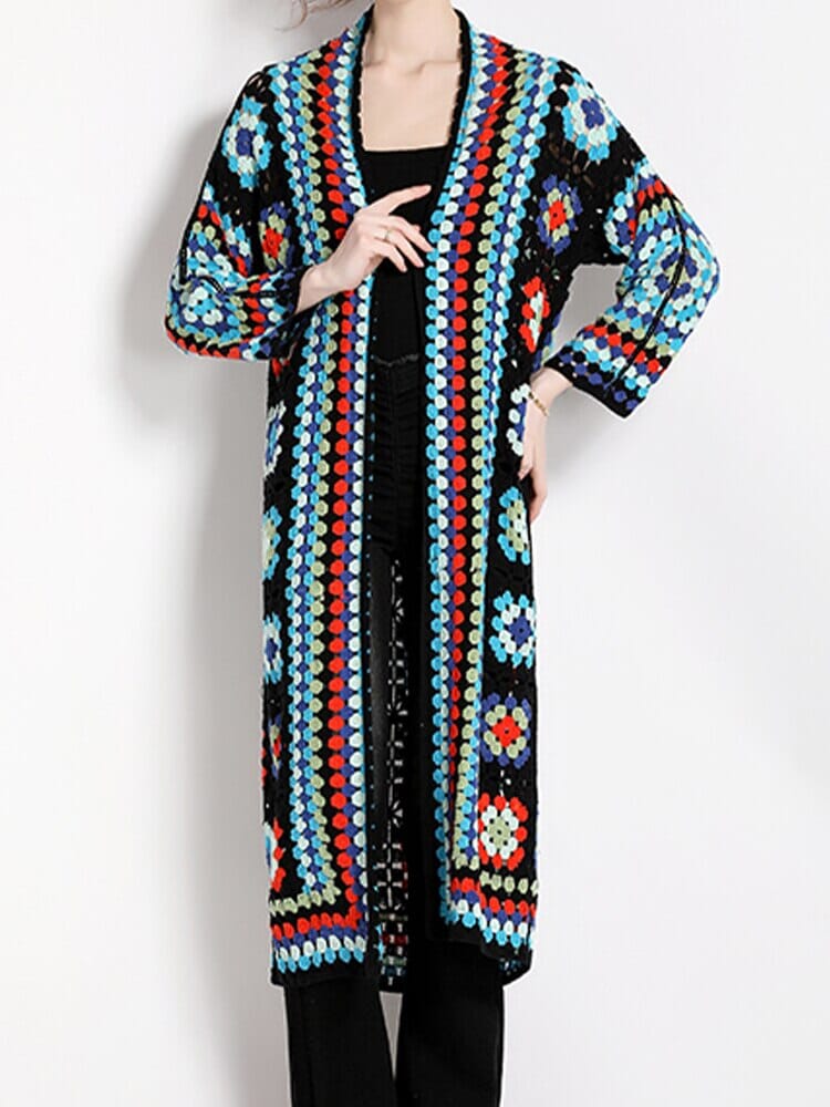 Bohemia Colored Plaid Flower Granny Square Hand Crochet Open Front Long Cardigan_ jehouze