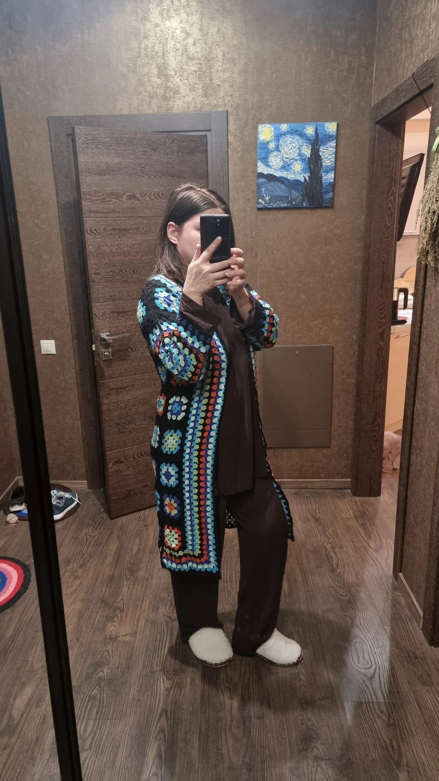 Bohemia Colored Plaid Flower Granny Square Hand Crochet Open Front Long Cardigan_ jehouze