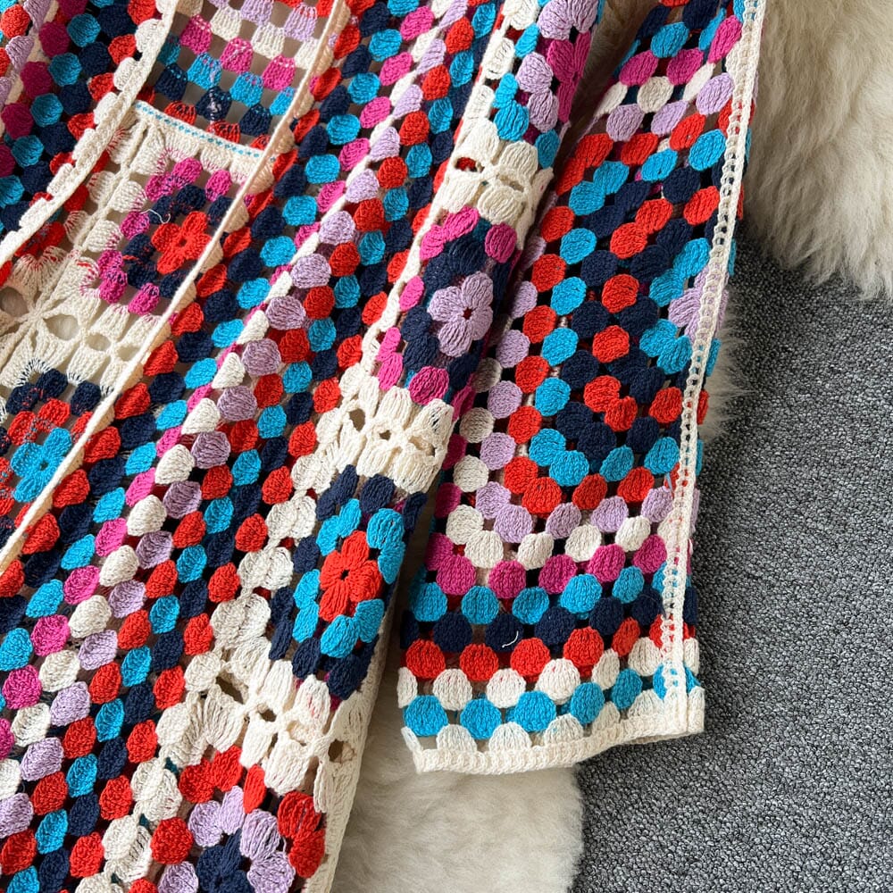Bohemia Colored Plaid Flower Granny Square Hand Crochet Open Front Long Cardigan_ jehouze