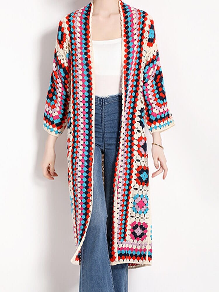 Bohemia Colored Plaid Flower Granny Square Hand Crochet Open Front Long Cardigan_ jehouze