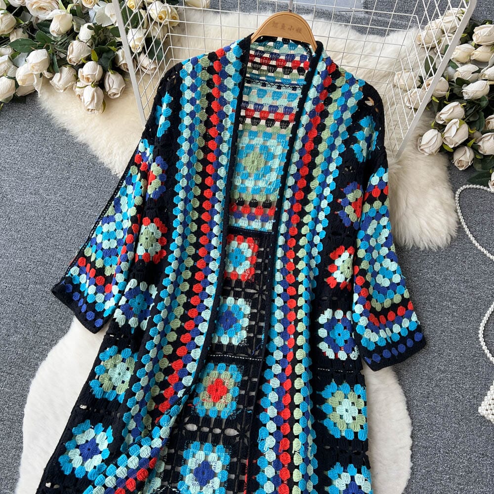 Bohemia Colored Plaid Flower Granny Square Hand Crochet Open Front Long Cardigan_ jehouze