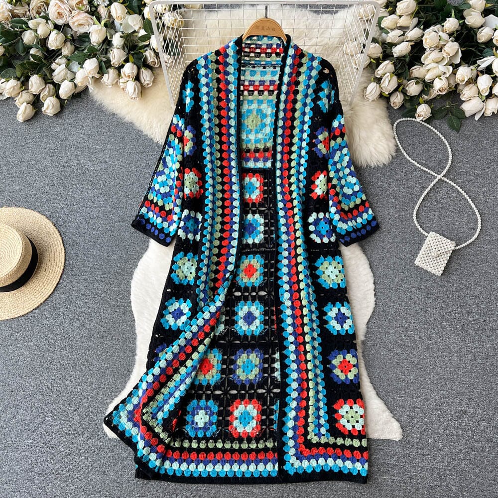 Bohemia Colored Plaid Flower Granny Square Hand Crochet Open Front Long Cardigan_ jehouze Blue
