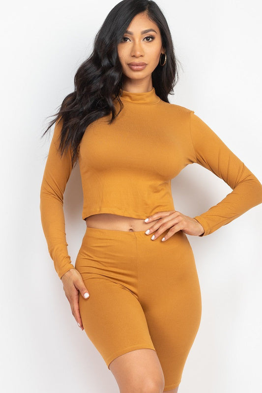 Brown sugar 2pcs Mock Neck Long Sleeve Top & Biker Shorts Activewear Set_ jehouze