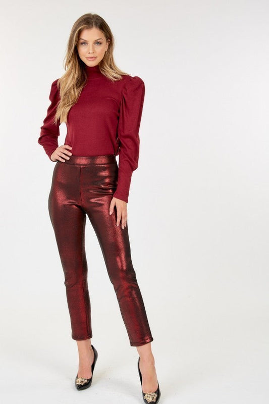 Burgundy Animal Skin Vinyl High Waisted Stretch Ankle Pants_ Bottoms jehouze