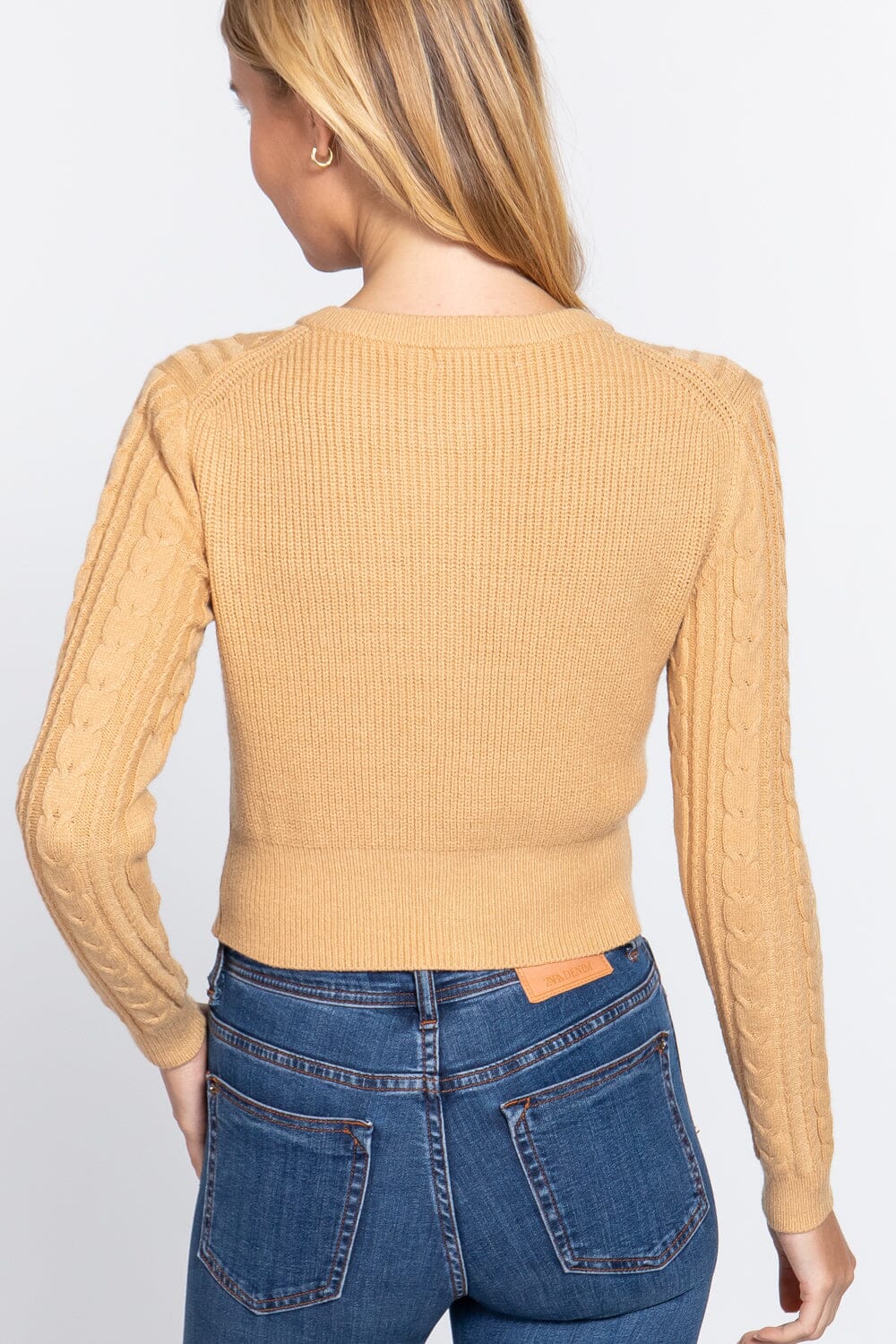 Butter Yellow Long Sleeve Cropped Cardigan Crew Neck Solid Button Down Knit Bolero Shrugs_ Coats & Jackets jehouze