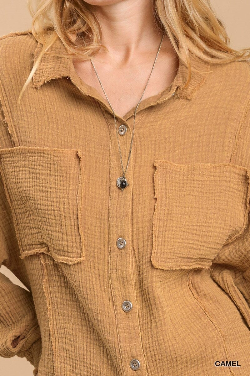 Camel brown Mineral wash button down top with high low hem_ jehouze