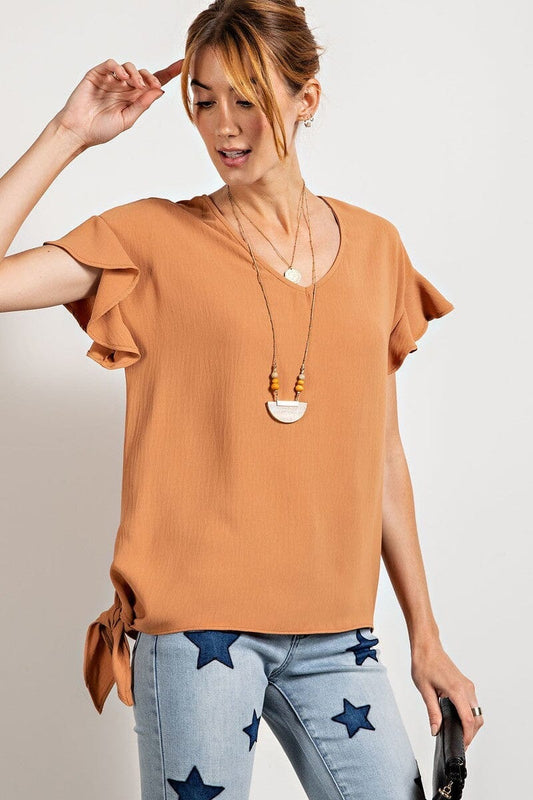 Camel Brown V Neckline Short Wing Sleeves Woven Top_ Shirts & Tops jehouze