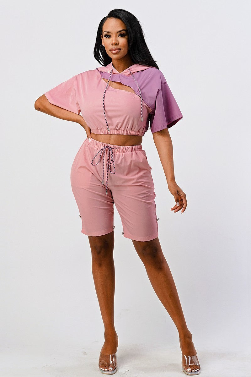 Casual mauve 2 piece Color Block With Hoodie Top And detachable pant set_ Matching Sets jehouze