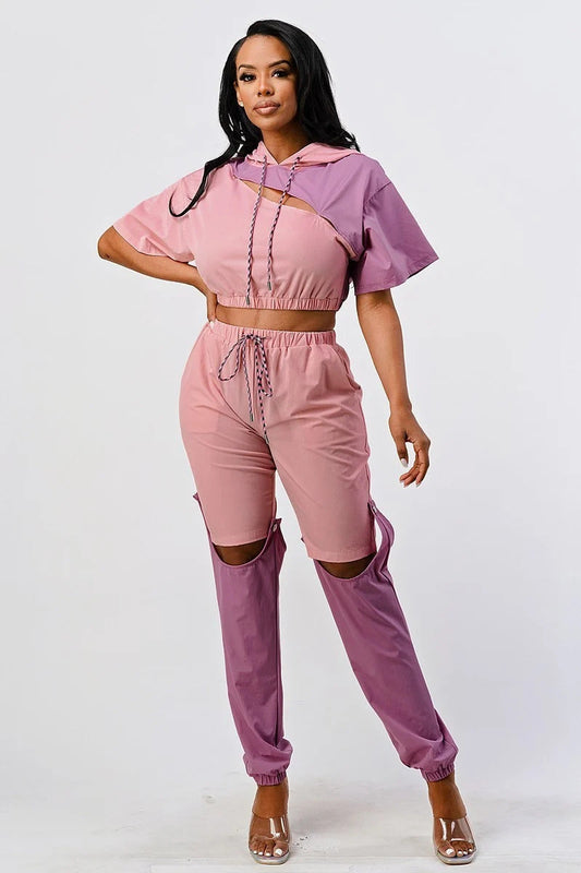 Casual mauve 2 piece Color Block With Hoodie Top And detachable pant set_ Matching Sets jehouze