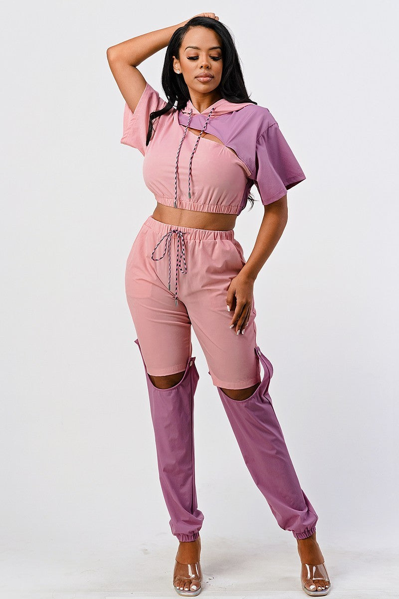 Casual mauve 2 piece Color Block With Hoodie Top And detachable pant set_ Matching Sets jehouze