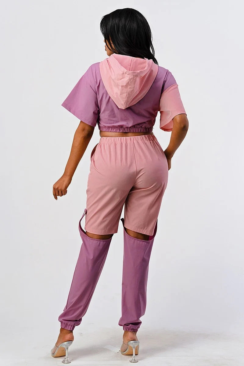 Casual mauve 2 piece Color Block With Hoodie Top And detachable pant set_ Matching Sets jehouze
