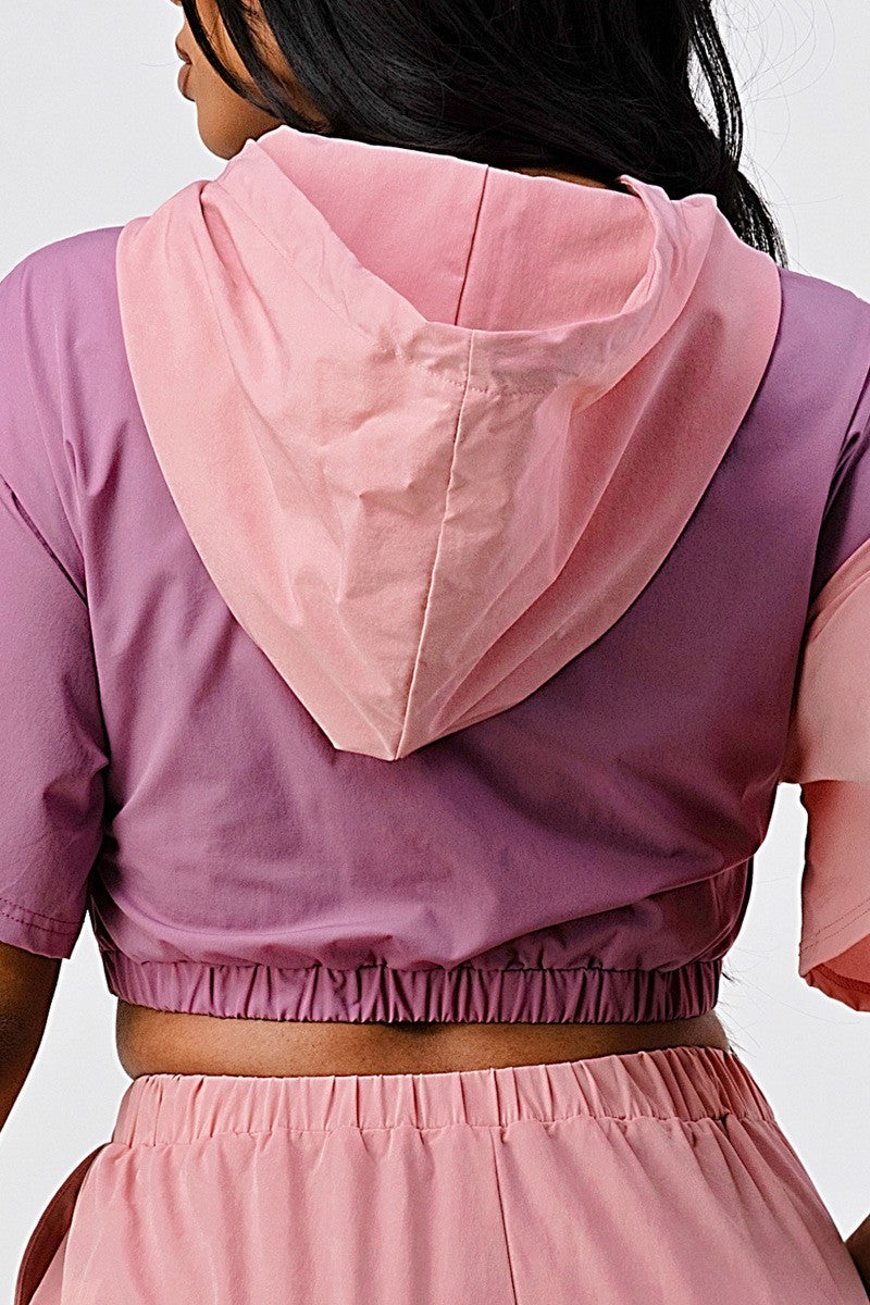 Casual mauve 2 piece Color Block With Hoodie Top And detachable pant set_ Matching Sets jehouze