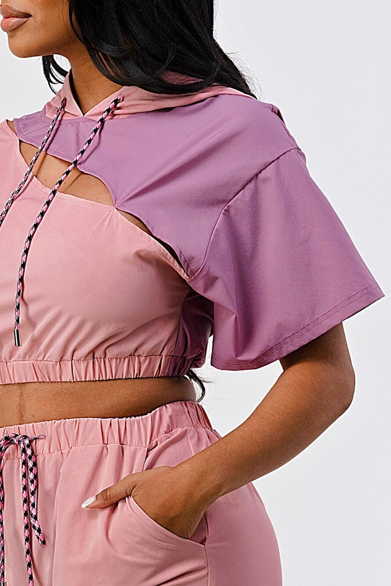 Casual mauve 2 piece Color Block With Hoodie Top And detachable pant set_ Matching Sets jehouze
